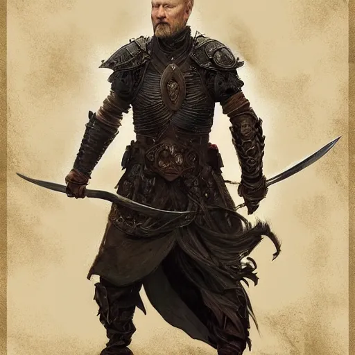 Image similar to stellan skarsgard posing with long hair and beard, black armor, sword, d & d, fantasy, intricate, elegant, highly detailed, digital painting, artstation, concept art, matte, sharp focus, illustration, hearthstone, art by artgerm and greg rutkowski and alphonse mucha