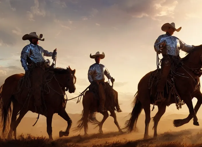 Image similar to close up of three cowboy outriders on horseback wearing suits of armor and cowboy hats, sun rays, by Greg Rutkowski, 4k, masterpiece