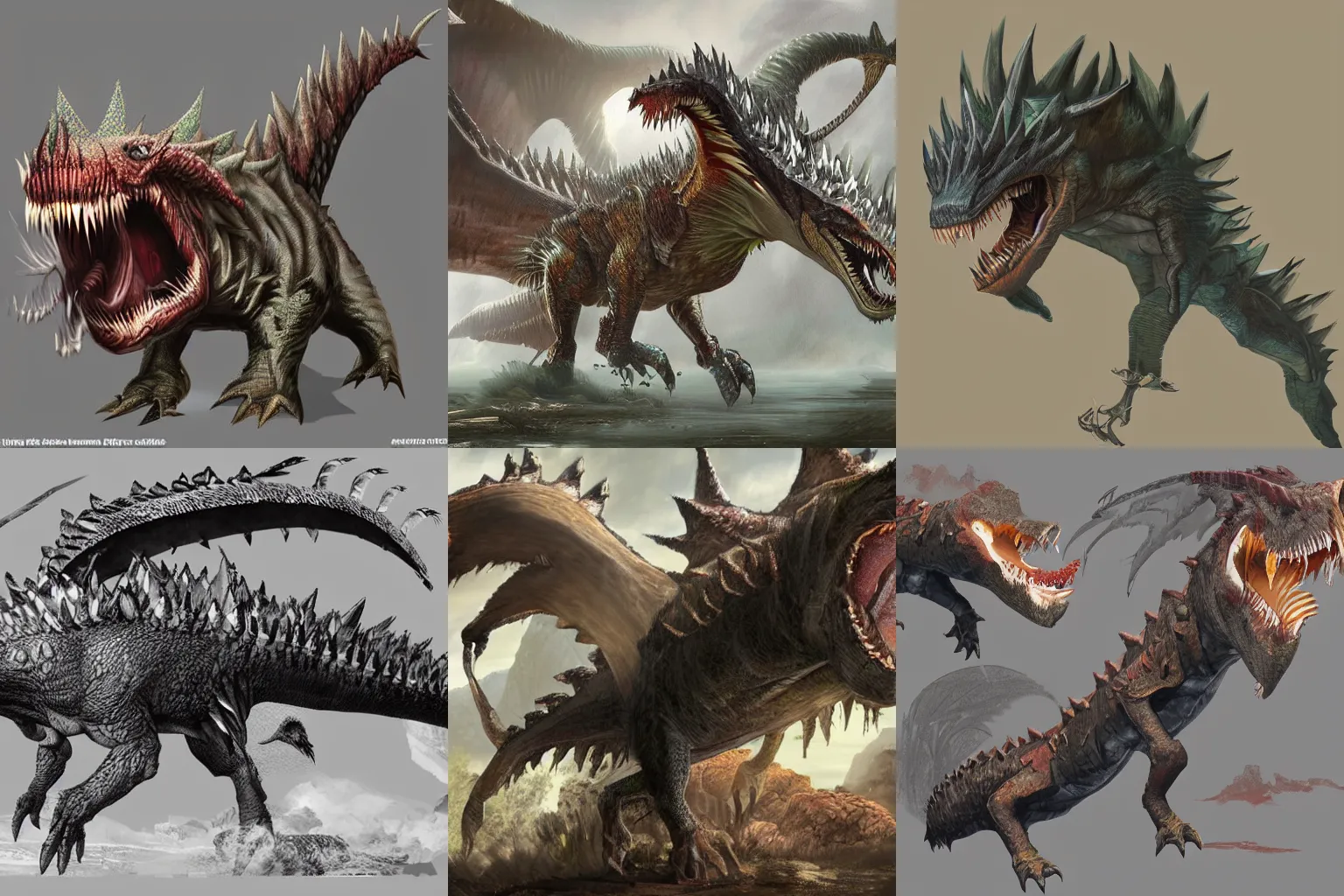 Prompt: mix of a Spinosaurus and a porcupine Brute Wyvern Monster, digital art by Capcom for Monster Hunter (2020), finished concept art