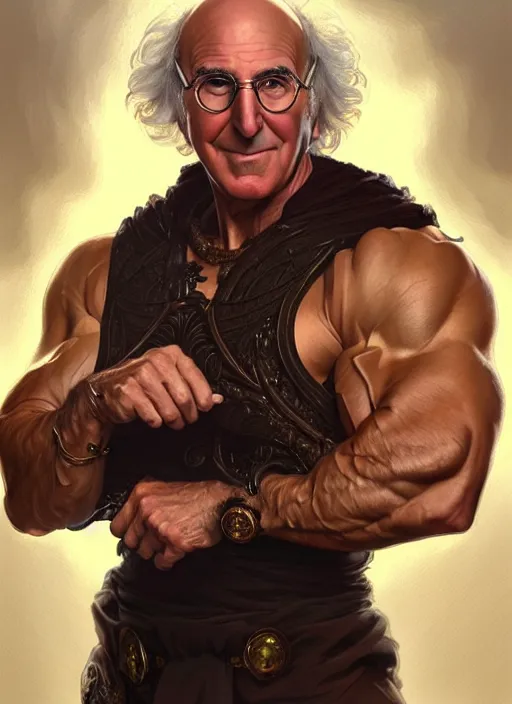 Prompt: portrait of larry david with synthol muscles, d & d, muscular! fantasy, intricate, elegant, highly detailed, digital painting, artstation, concept art, smooth, sharp focus, illustration, art by artgerm and greg rutkowski and alphonse mucha