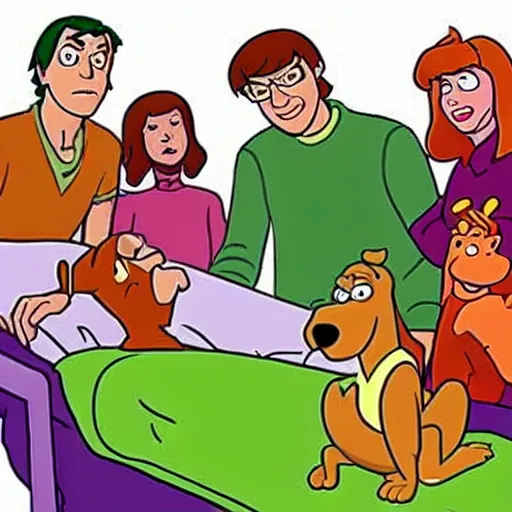 Image similar to scooby - doo on deathbed, freinds and family surround him with love, shaggy holding his paw, uplifting, hospice, hannah barbera, animated tv show