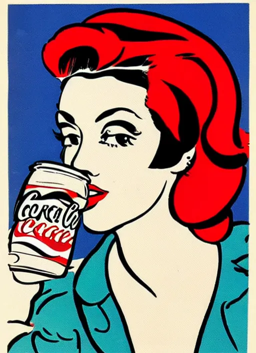 Image similar to a portrait of a woman advertising coke, 1 9 5 0's, punk by roy lichtenstein