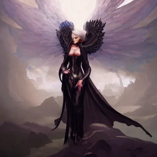 Prompt: character portrait of a modest robed dark raven angel with iridescent black raven wings, by Peter Mohrbacher, Artgerm, Mark Brooks, Marina Abramović, Wadim Kashin, trending on Artstation
