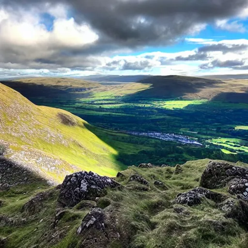 Image similar to view from the top of a scottish mountain towards a lush valley