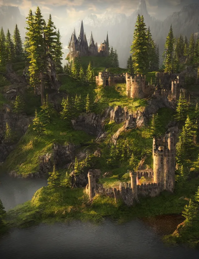 Prompt: unreal engine, tony s art, castle, forest, lake, energy