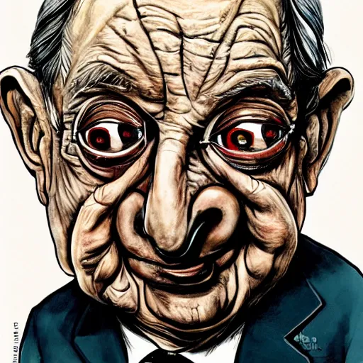 Prompt: George Soros by Ralph Steadman, illustration, body horror, biopunk