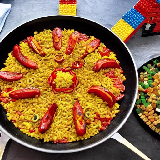 Prompt: a paella made with lego pieces.