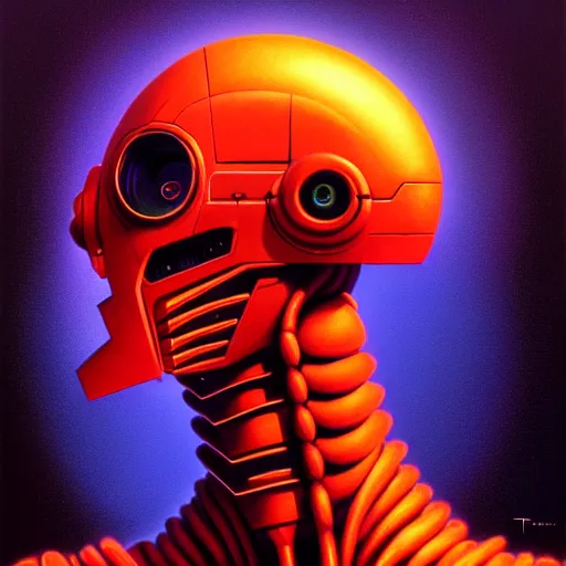 Prompt: cinematic bust portrait of psychedelic robot, head and chest only, exotic alien features, robotic enhancements, desaturated, Tim Hildebrandt, Wayne Barlowe, Bruce Pennington, donato giancola, larry elmore, oil on canvas, masterpiece, trending on artstation, featured on pixiv, cinematic composition, dramatic pose, beautiful lighting, sharp, details, hyper-detailed, HD, HDR, 4K, 8K