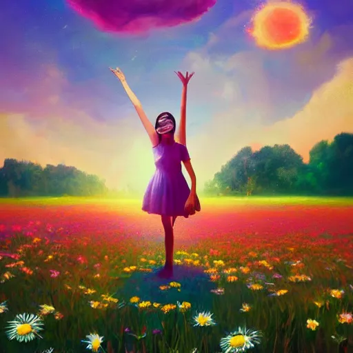 Prompt: giant daisy flower as head, full body girl dancing in a flower field, surreal photography, sunrise, dramatic light, impressionist painting, colorful clouds, digital painting, artstation, simon stalenhag