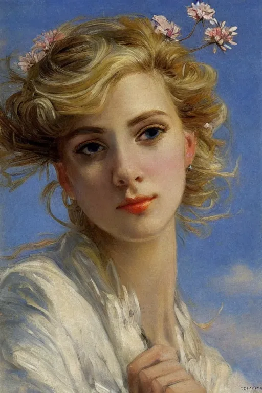 Image similar to close - up fashion blonde woman portrait airy flowers cloudy sky art by vasnetsov