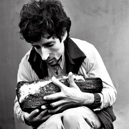 Prompt: bob dylan cradling a loaf of bread like a baby, photograph, 1 9 6 5