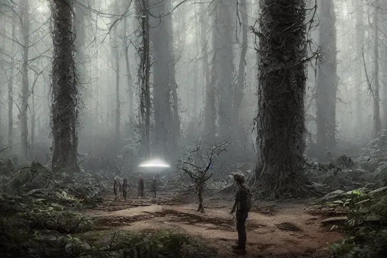 Image similar to ufo in a forest, concept art, intricate details, eerie, highly detailed, photorealistic, octane render, 8 k, unreal engine. art by greg rutkowski and james gurney and h r giger