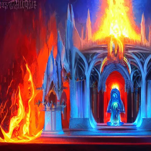 Prompt: A blazing and bright blue flame is worshipped at the center of a gothic temple by hooded cultists dressed in red at night; dark fantasy; trending on artstation