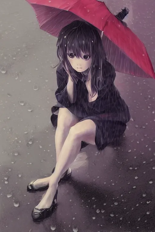 Prompt: A stern girl in Japanese maid's clothes and long stockings sits on the wet pavement in a parking lot in the rain at night. Dark 3d anime drawing art by Ruan Jia and Mandy Jurgens and Artgerm and William-Adolphe Bouguerea Sakimichan