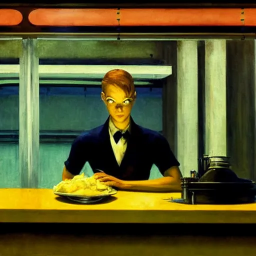 Prompt: the engineer from the movie prometheus, wearing a soiled apron, service shirt order foor in a cyberpunk diner, art by edward hopper, high quality film stock, noir lighting