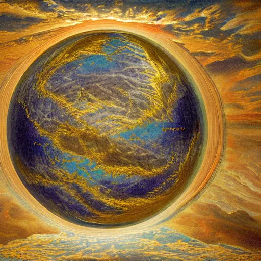 Prompt: biblical cosmology, the firmament is the vast solid dome created by god during his creation of the world to divide the primal sea into upper and lower portions so that the dry land could appear 8 k hyperrealism realistic and detailed