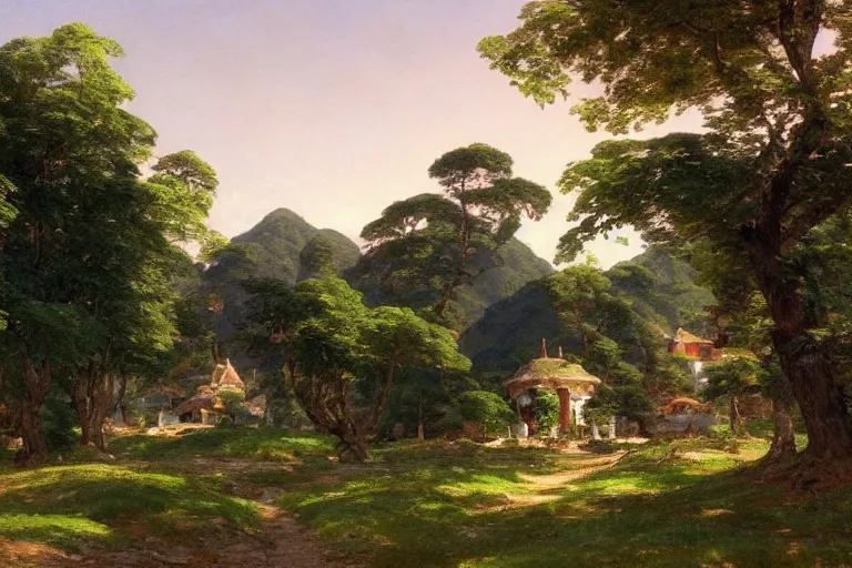 Prompt: a beautiful landscape of a tiny futuristic village in the french countryside during spring season, painting by studio ghibli backgrounds and frederic edwin church hd and louis remy mignot hd, nice spring afternoon lighting, smooth tiny details, soft and clear shadows, low contrast, perfect