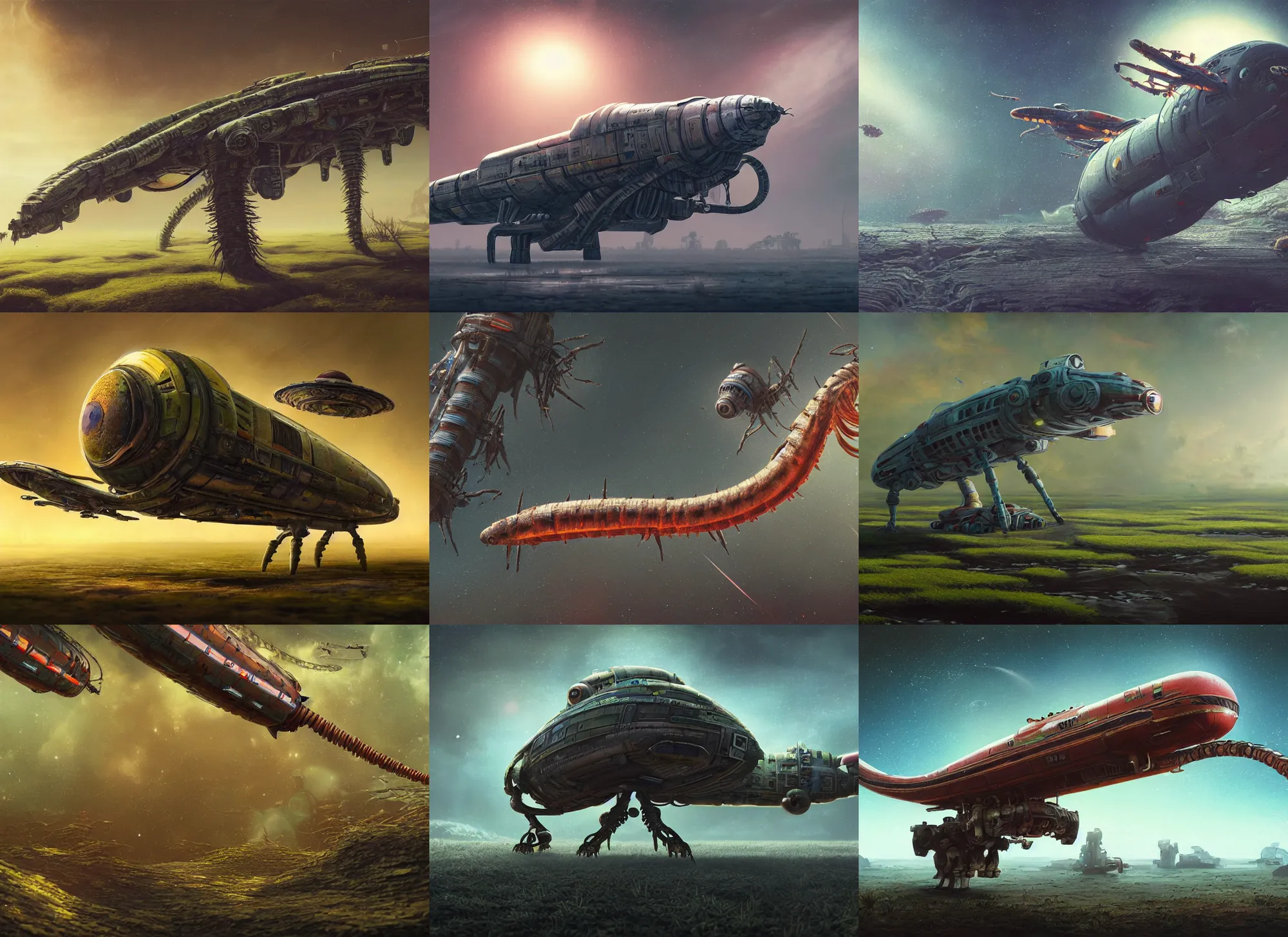 Prompt: a fine art oil painting of a cute spaceship called The Centipede with landing gear down and about to land on a detailed swampy planet, ultra detailed, octane render, 4K, dystopian, micro details