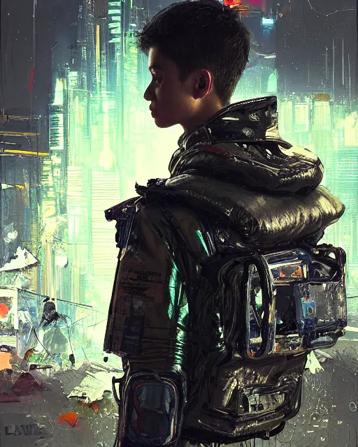 Image similar to detailed portrait Neon guard boy with short dark hair seen from the back, cyberpunk futuristic, reflective puffer jacket, decorated with traditional ornaments in front of a dystopian crowd with piles of garbage by Ismail inceoglu dragan bibin hans thoma, Perfect face, fine details, realistic shaded, fine-face, pretty face