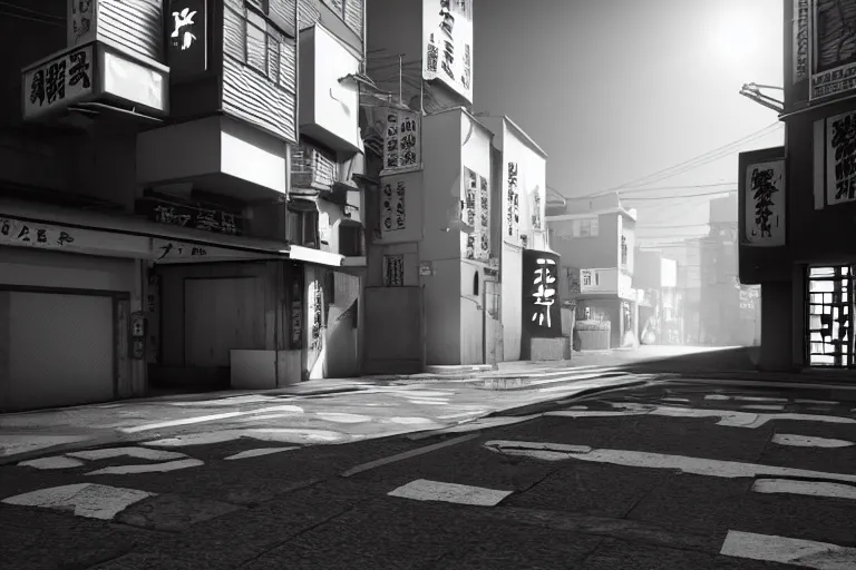 Image similar to still photo of a japanese street, black and white color aesthetic, highly detailed, photorealistic portrait, bright studio setting, studio lighting, crisp quality and light reflections, unreal engine 5 quality render