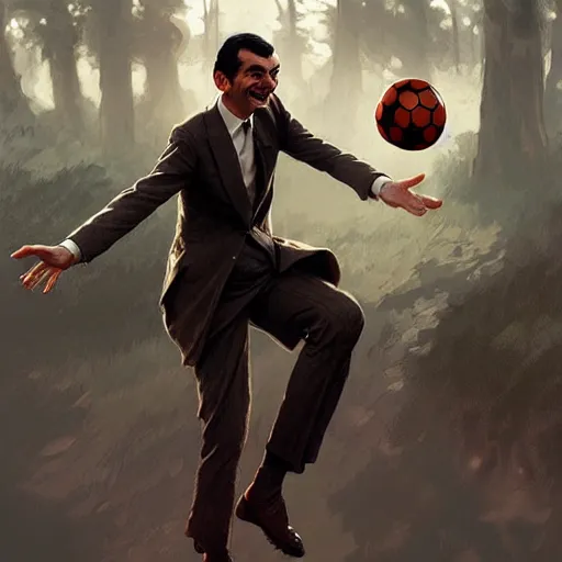 Prompt: Mr Bean playing soccer, D&D, fantasy, intricate, elegant, highly detailed, digital painting, artstation, concept art, matte, sharp focus, illustration, art by Artgerm and Greg Rutkowski and Alphonse Mucha