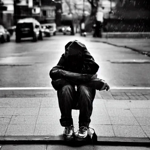 Prompt: black and white fashion photograph, highly detailed portrait of a depressed white drug dealer sitting on a bench on a busy street, looking into camera, natural light, rain, mist, lomo, fashion photography, film grain, soft vignette, sigma 85mm f/1.4 1/10 sec shutter