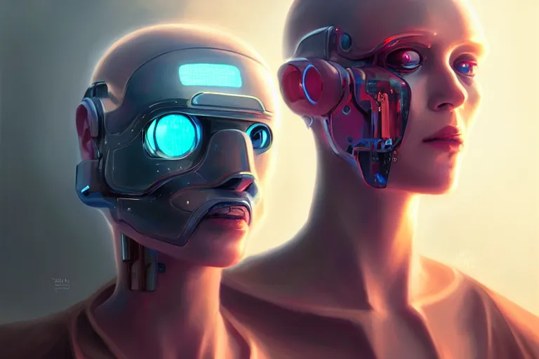 Image similar to oil portraits painting of futuristic transhuman cyborgs, dystopian, cyberpunk style, octane rendering, trending on artstation, studio ghibli, michael whealan and james gurney