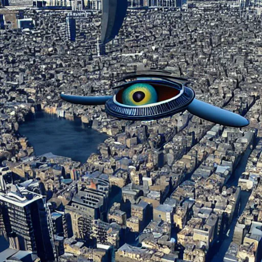 Prompt: big eye flies above the city, photorealistic