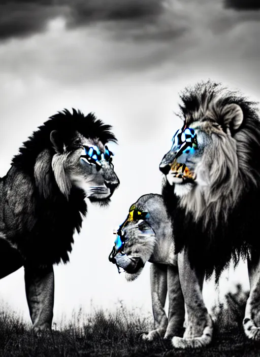 Prompt: lion and lioness black and white portrait white sky in background