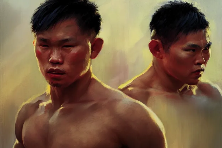 Image similar to greg manchess portrait of a filipino mma fighter sword dash, sunny day, matte painting, bold shapes, hard edges, street art, trending on artstation, by huang guangjian, gil elvgren, ruan jia, randy vargas, greg rutkowski