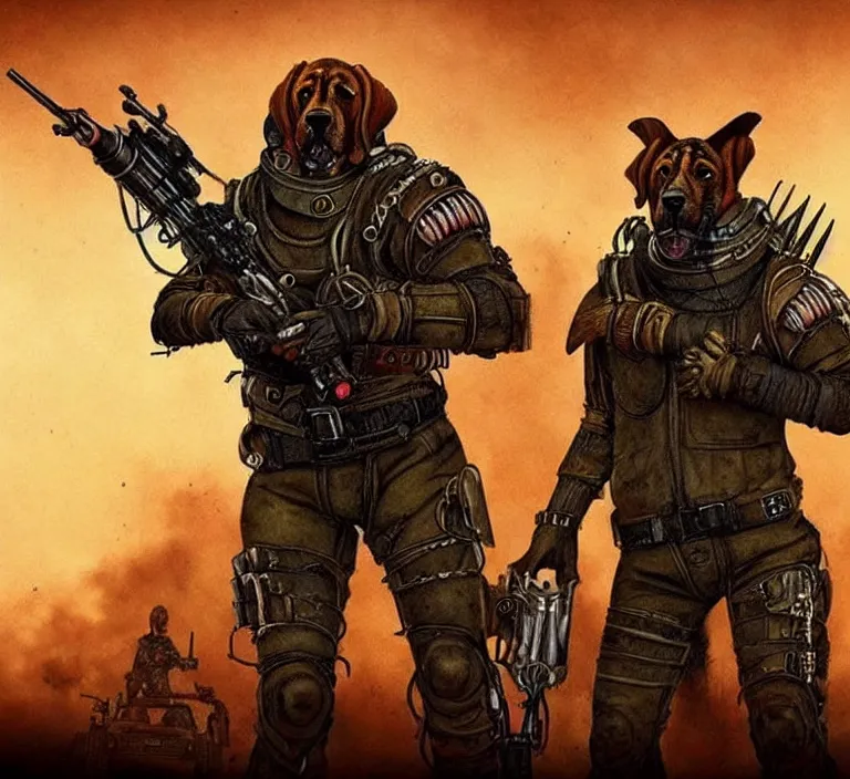 Image similar to a good ol'bloodhound pup fursona ( from the furry fandom ), heavily armed and armored facing down armageddon in a dark and gritty version from the makers of mad max : fury road. witness me.