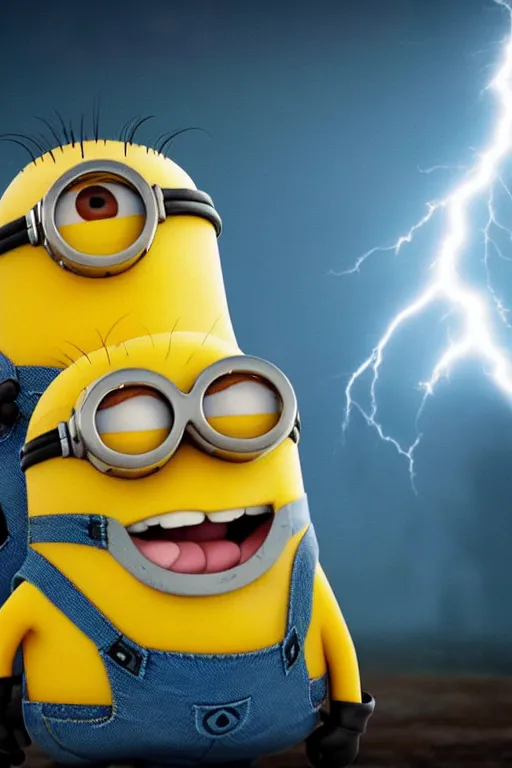 Image similar to minion trying to explode a bomb, realistic, dramatic lightening, cinematic