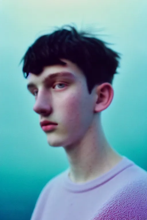 Prompt: high quality pastel coloured film mid angle docu photograph of a beautiful young 2 0 year old male, soft features, short black hair, extremely oversized clothing!! next to icelandic black rock pool environment. atmospheric. three point light. photographic. art directed. ( pastel colours ). volumetric light. clearcoat. waves glitch. 8 k. filmic.