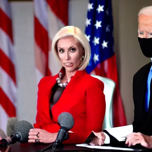 Image similar to alien, gray alien, wearing a blond wig and a red dress and ((Joe Biden)) at a press conference, photograph, highly detailed, 4K