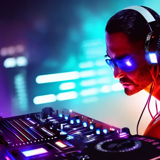 Image similar to electronic dj portrait, dj performing live streaming to online, cyberpunk 2 0 7 7, cyberpunk, photorealistic, ultra detailed, neon, octane, bokeh, cinematic lighting, cyber, cyberpunk city, headphones, studio quality, feature, scars, cyberface, 8 k