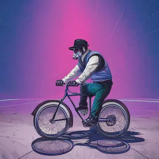 Image similar to a beautiful painting of a very detailed gangster riding a bike by dan mumford, beeple, trending on artstation, vapourwave