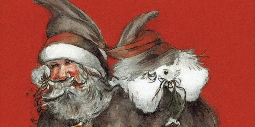 Prompt: a rabbit dressed as a swedish santa, christmas postcard, in the style of anders zorn