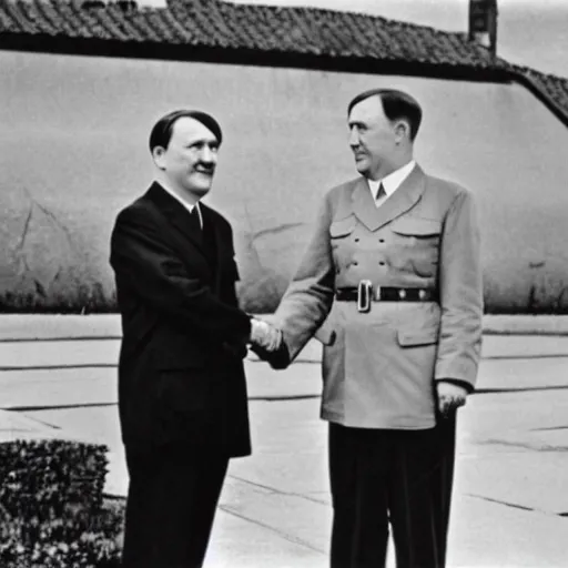 Image similar to chanceler merkel and hitler shaking hands with a mushroom cloud in the background, press photo