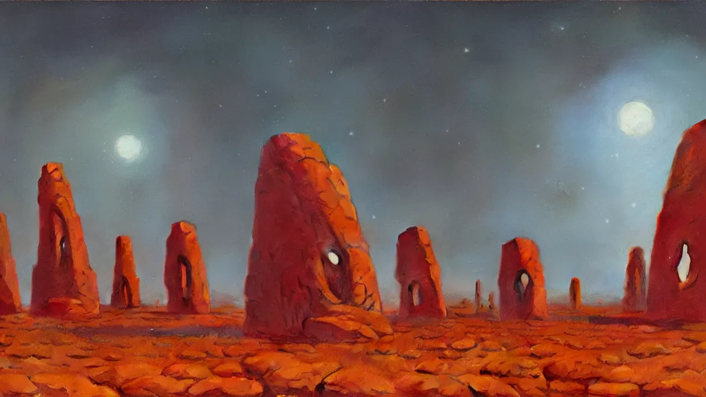 Prompt: mysterious megaliths of an alien civilization by paul lehr and john schoenherr, cinematic matte painting