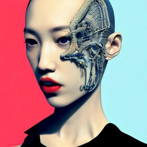 Image similar to Kiko Mizuhara is an unsettling scary terrifying bio mechanical cyborg post human, physically accurate, very dramatic dynamic lighting, intricate, very very elegant, highly detailed, digital painting, artstation, very hyperrealistic, very very very HR GIGER, very Bensinski, Hieronymus Bosch, Francis Bacon, concept art, smooth, sharp focus, illustration, art by artgerm and greg rutkowski and alphonse mucha