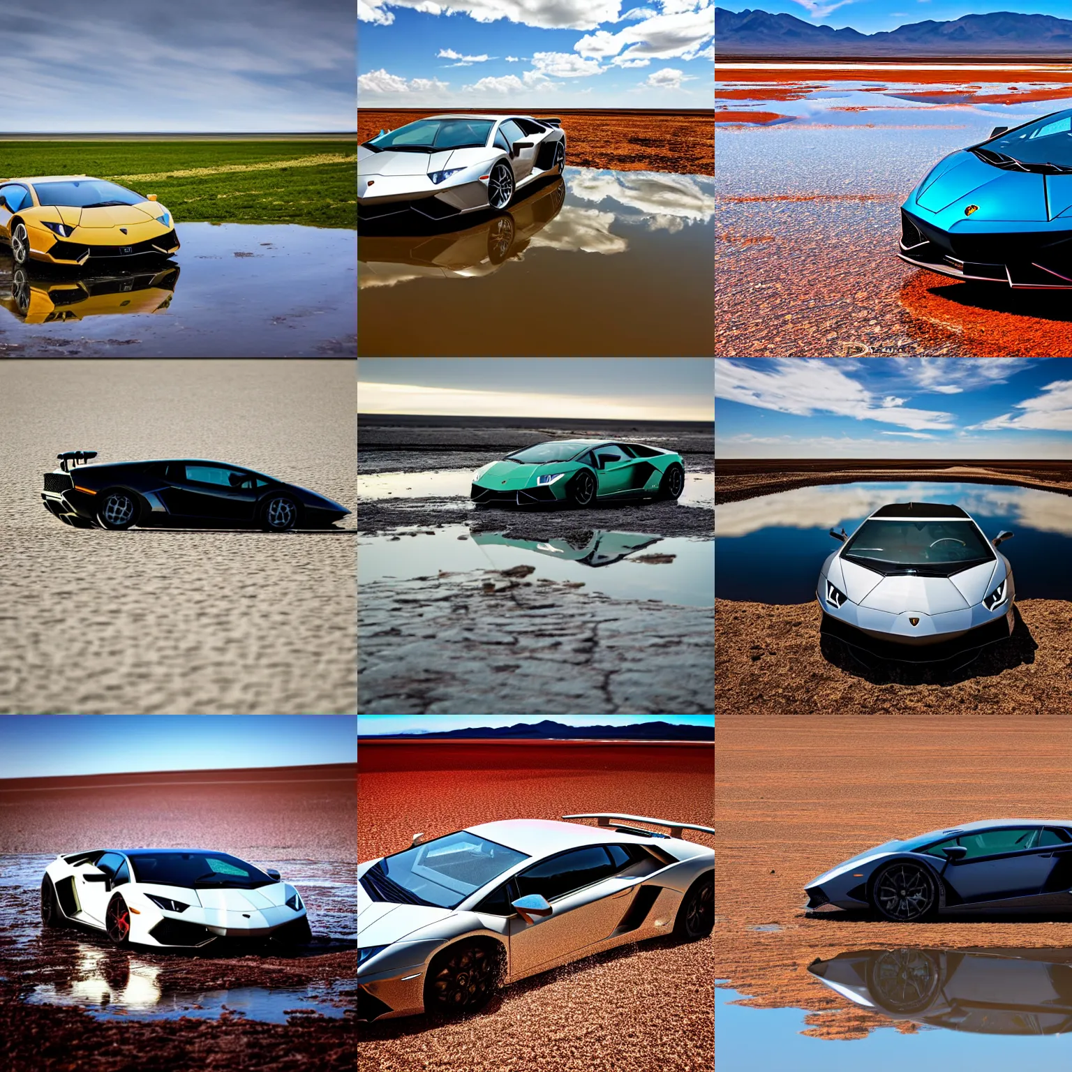 Prompt: photo of a lamborghini in the salt plains of bolivia, water, reflections, sunny day