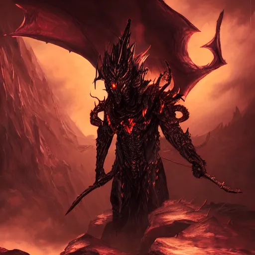 Image similar to dark fantasy concept of a vampire dragon god, with dark matter and molten armor on a mountain, cinematic, dynamic lighting, photorealistic, ultra detailed, trending on art station, stunning visuals, creative, hyper detailed