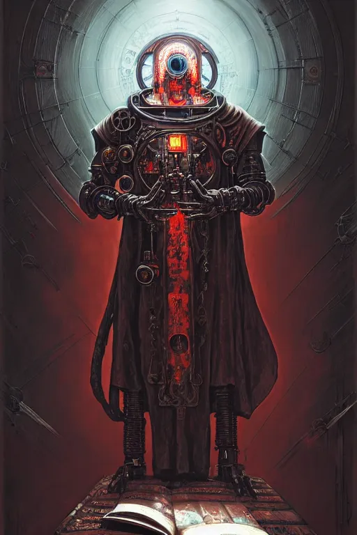 Prompt: painting of a cloaked tech priest holding a book, adeptus mechanicus!!!, cybernetic enhancements attached to his body, praise the omnissaiah, zdzislaw beksinski, lewis jones, mattias adolfsson, warhammer 4 0 k!!, cold hue's, warm tone gradient background, concept art, digital painting