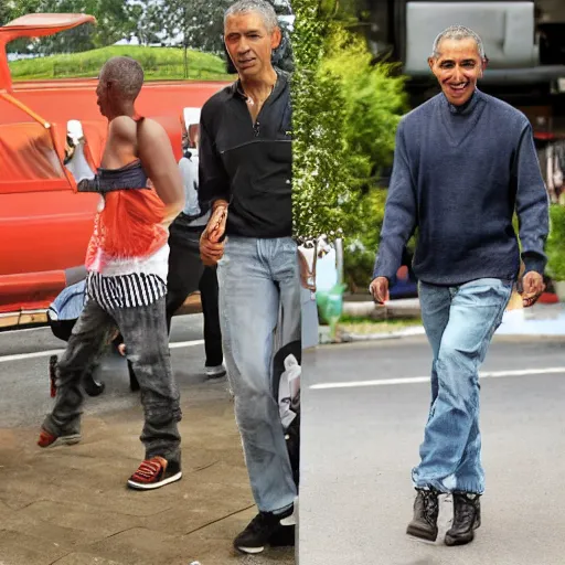 Image similar to barack obama with a fade haircut, wearing ripped jeans