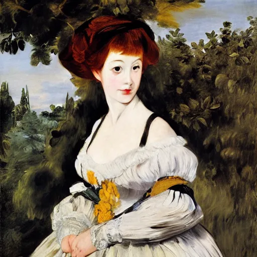 Image similar to oil painting with visible thick brushstrokes, tonal, renaissance, rococo, baroque, manga, creepy young ladies wearing manga dress in the style of manet