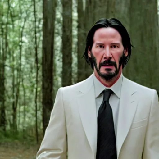 Image similar to A still of Keanu Reeves as President Snow in The Hunger Games (2012), white suit, white hair and beard