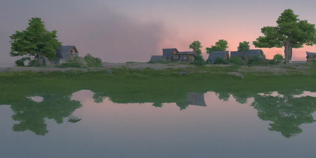Prompt: a serene landscape with a singular building near a lake at sunrise, pixar style, ghibli studio anime style, 8 k hdr, octane render, unreal engine,