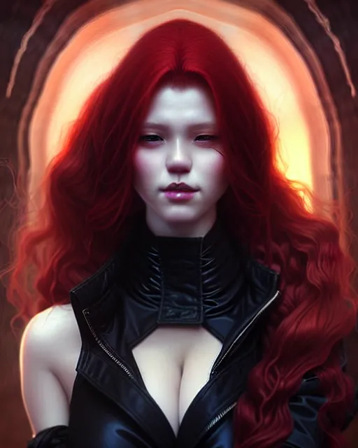 Prompt: redhead lady in black coat and pantyhose, cosmic horror style, intricate, confident pose, realistic, highly detailed, digital painting, art by wlop and artgerm and ross tran and greg rutkowski, charlie bowater