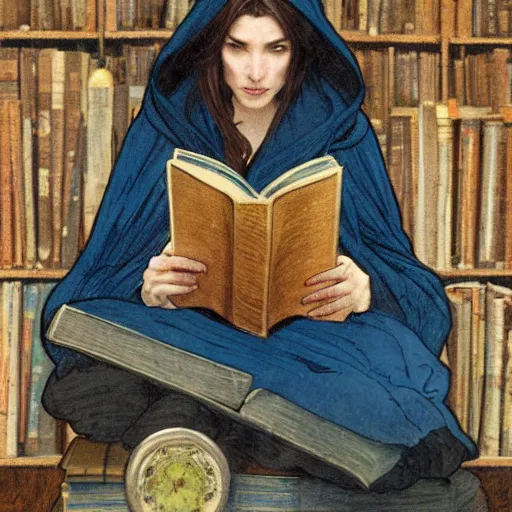 Prompt: a female wizard with brown hair wearing a blue hood and blue robe sitting in an armchair reading a book in an old library, fantasy, highly detailed, digital painting, artstation, concept art, character art, art by greg rutkowski and tyler jacobson and alphonse mucha