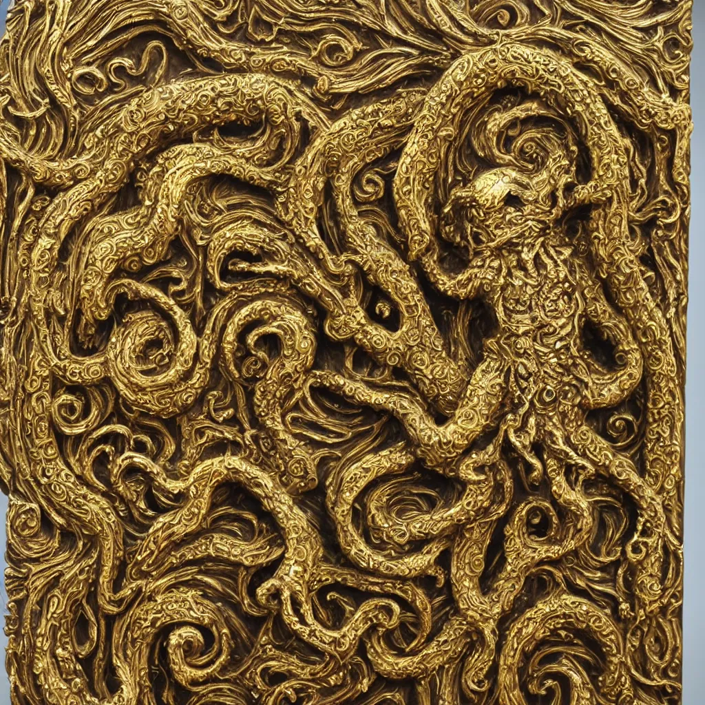 Image similar to statue of cthulhu, ornate, intricate, gold filigree, highlt detailed